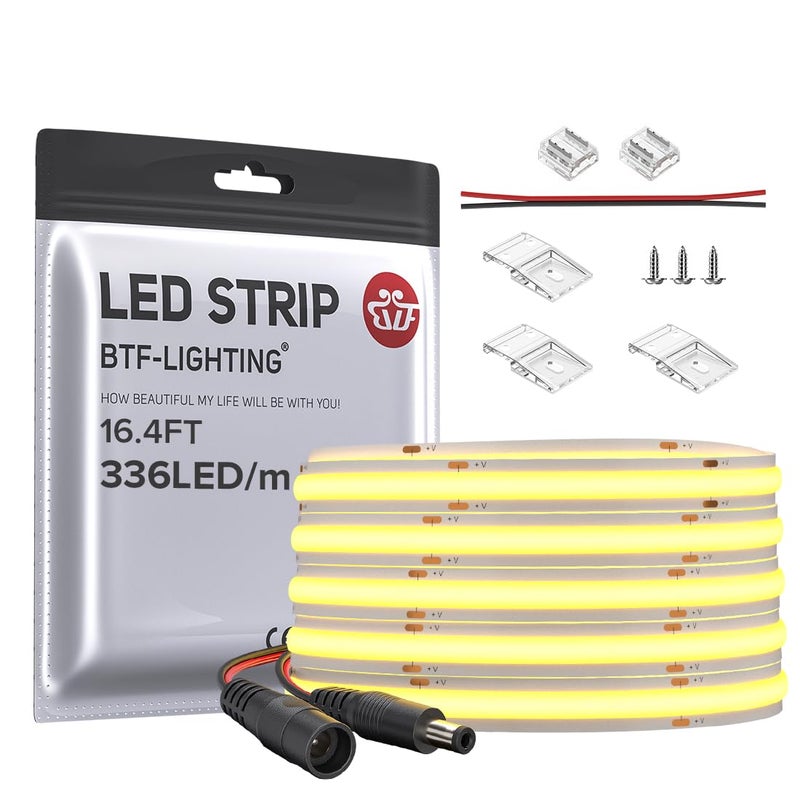 BTF-LIGHTING شريط LED مرن عالي الكثافة BTF-LIGHTING FCOB COB 8W/m 16.4FT DC12V أبيض دافئ 3000K CRI 90+ عرض 8mm قابل للتعتيم للديكور الداخلي للمنزل (بدون محول أو وحدة تحكم) - Image 1